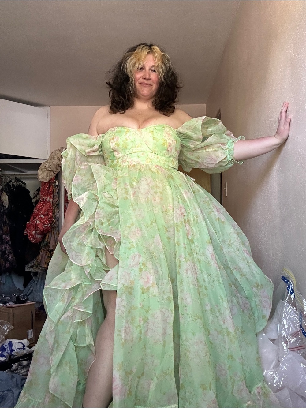 Selkie Pastel Green Floral Off-Shoulder Ruffle Gown